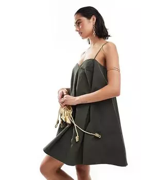 Мини-платье из тафты цвета хаки с трапециевидным вырезом ASOS DESIGN