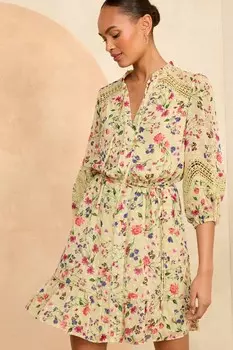 Мини-Платье из ткани добби с рукавами 3/4 и кружевом Love & Roses, зеленый