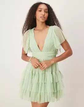 Мини-платье из тюля Lace & Beads Madison с v-образным вырезом в цвете шалфея