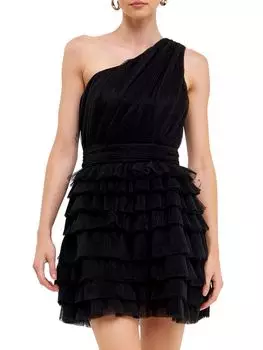 Мини-платье из тюля на одно плечо Endless Rose, черный