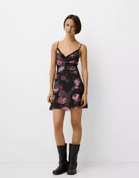 Мини-Платье из тюля с принтом и бретельками Bershka, черный