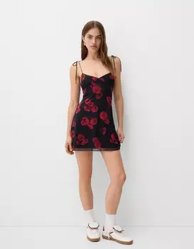Мини-Платье из тюля с розами Bershka, черный