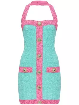 Мини-платье из твида с пуговицами от Balmain, синий