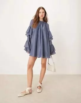 Мини-платье из вуали с оборками на рукавах в сине-сером цвете ASOS DESIGN