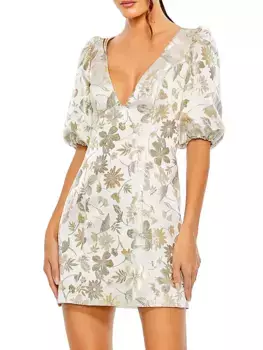 Мини-платье из жаккарда с V-образным вырезом Mac Duggal, цвет white gold