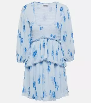 Мини-Платье из жоржета с цветочным плиссировкой Ganni, синий