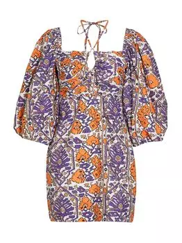 Мини-платье Jeanne с геометрическим рисунком и пышными рукавами RHODE