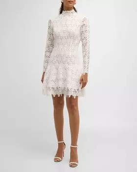 Мини-платье Joy с гипюровым кружевом и длинными рукавами SIMKHAI, цвет White