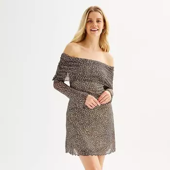 Мини-платье Juniors' Love, Fire с открытыми плечами и рукавами-колокольчиками, цвет Lt Leopard