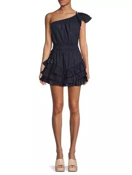 Мини-платье Kaia на одно плечо в металлическую полоску Poupette St Barth, темно-синий