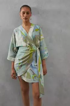 Мини-платье-кимоно из льна с запахом и мраморным принтом Warehouse, мультиколор