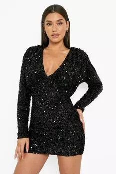 Мини-платье-кимоно с пайетками и глубоким вырезом на рукавах boohoo, черный