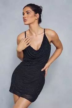 Мини-платье-комбинация премиум-класса с драпированным воротником и воротником-стойкой MISSPAP, черный