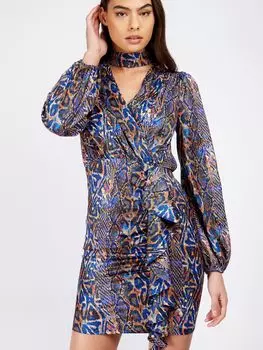 Мини-платье Little Mistress из атласа со змеиной драпировкой и оборками, Многоцветный