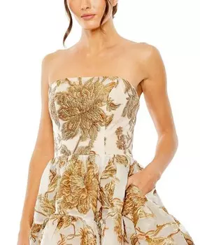 Мини-платье Mac Duggal без бретелек из парчи с карманами, золотой