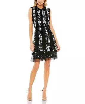 Мини-платье Mac Duggal без рукавов с высоким воротником и вышивкой, черный