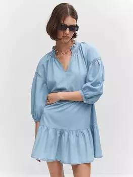 Мини-платье Mango Ten Oversized с пышными рукавами, открытое синее