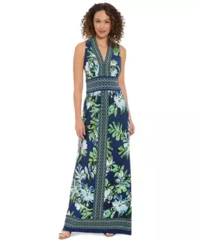 Мини-платье макси с цветочной каймой Petite Floral Border-Trim London Times, синий