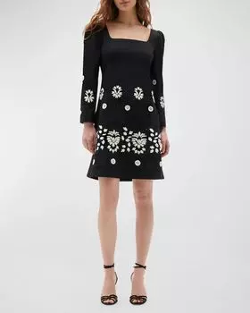 Мини-платье Mazie с квадратным вырезом и длинными рукавами, вышитыми люверсами Figue, цвет Black