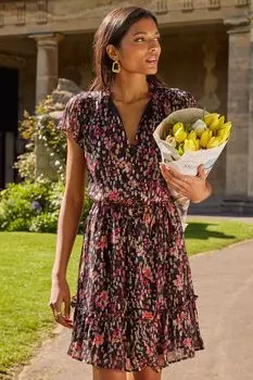 Мини-платье металлик с рюшей на вырезе и принтом Love & Roses, черный