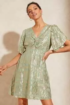Мини-платье металлизированного цвета с перекрученным передом и расклешенными рукавами Love & Roses, зеленый