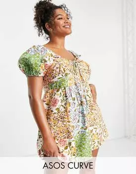 Мини-платье мини из твила с цветочным принтом и пуговицами ASOS DESIGN Curve