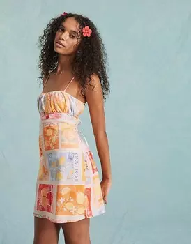 Мини-платье Miss Selfridge – из поплина со шнуровкой на спине, узор открытка