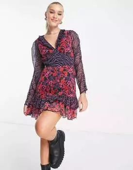 Мини-платье Miss Selfridge из шифона с рюшами и смешанным цветочным животным принтом