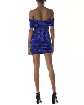 Мини-платье Monique Lhuillier со складками и открытыми плечами на шелковой подкладке, цвет Royal Blue
