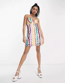 Мини-платье на бретельках Extro & Vert Premium с радужными вихревыми пайетками и бретелями из бриллиантов