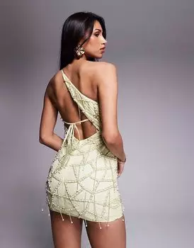 Мини-платье на одно плечо ASOS DESIGN нежно-лимонного цвета с отделкой жемчугом и бахромой
