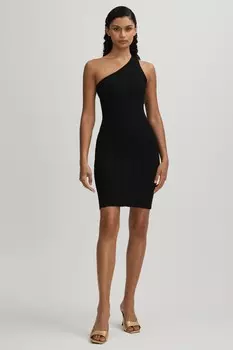 Мини платье на одно плечо с плиссировкой Good American, черный