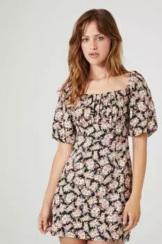 Мини-платье на шнуровке с цветочным принтом Forever 21, черный