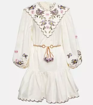 Мини-платье Nelly с вышивкой из хлопка и льна ALMAIS, белый