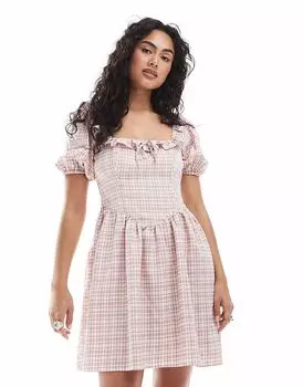 Мини-платье New Look с корсетной отделкой в клетку розового цвета