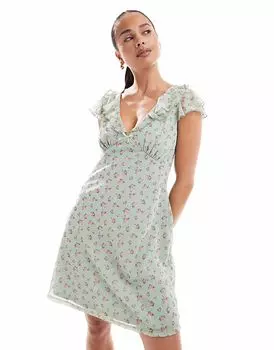 Мини-платье New Look с оборкой на горловине и зеленым цветочным принтом