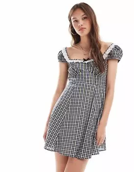 Мини-платье New Look с отделкой ришелье в клетку, черное