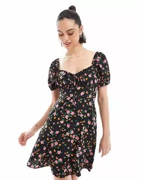 Мини-платье New Look в стиле молочницы с черным цветочным принтом