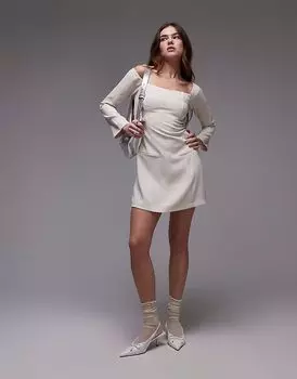 Мини-платье Nia moira с открытыми плечами и длинными рукавами в каменном цвете