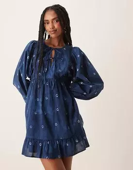 Мини-платье Nobody's Child Mae с завязками и рукавами-фонариками в синий принт
