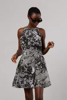 Мини-Платье нуар с воротником-бретелькой и приталенного кроя в стиле ампир Religion, серый