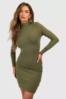 Мини-платье облегающее Boohoo с высоким воротником, хаки