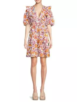 Мини-платье Ophelia с цветочным принтом и рюшами Derek Lam, цвет White Multi