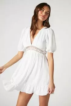Мини-платье открытой вязки с пышными рукавами Forever 21, белый