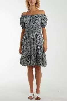 Мини-платье оверсайз с открытыми плечами и присборенной талией на пуговицах и принтом в виде листьев HOXTON GAL, зеленый