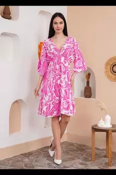 Мини-платье оверсайз с V-образным вырезом, присборенной талией и цветочным принтом HOXTON GAL, розовый