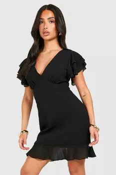 Мини-платье Petite из шифона с оборками на плечах boohoo, черный