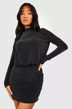 Мини-платье Petite с блестками и высоким воротником и драпировкой boohoo, черный