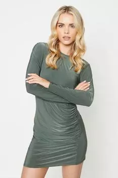 Мини-платье Petite с рюшами и длинными рукавами по бокам Oasis, хаки