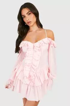 Мини-платье Petite с ткаными рюшами и многоуровневым подолом boohoo, розовый